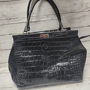 KATE SPADE New York Ridgely Ave Becky Satchel Croc Embossed Leather Black Bag